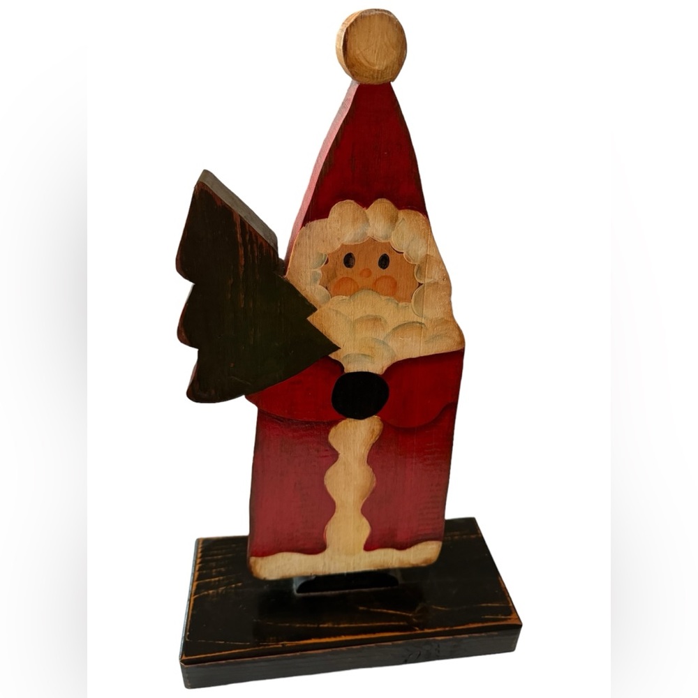 Hand Carved Wooden Folk Art Santa Claus Christmas Figure 18.6" Tall on Wood Base